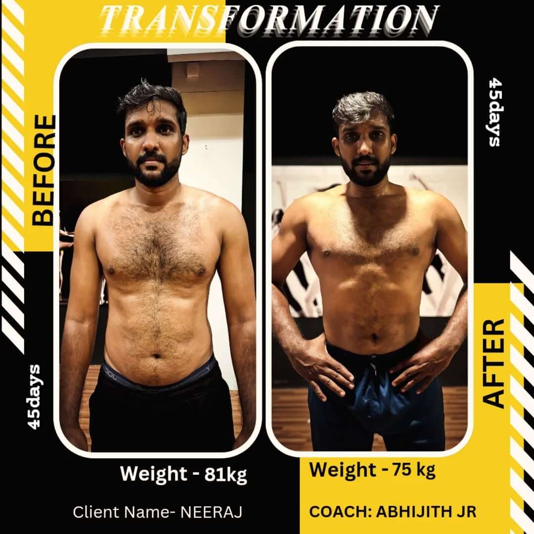 Before and after transformation of a person in the gym, showcasing muscle gain and fitness progress with stronger arms, abs, and legs