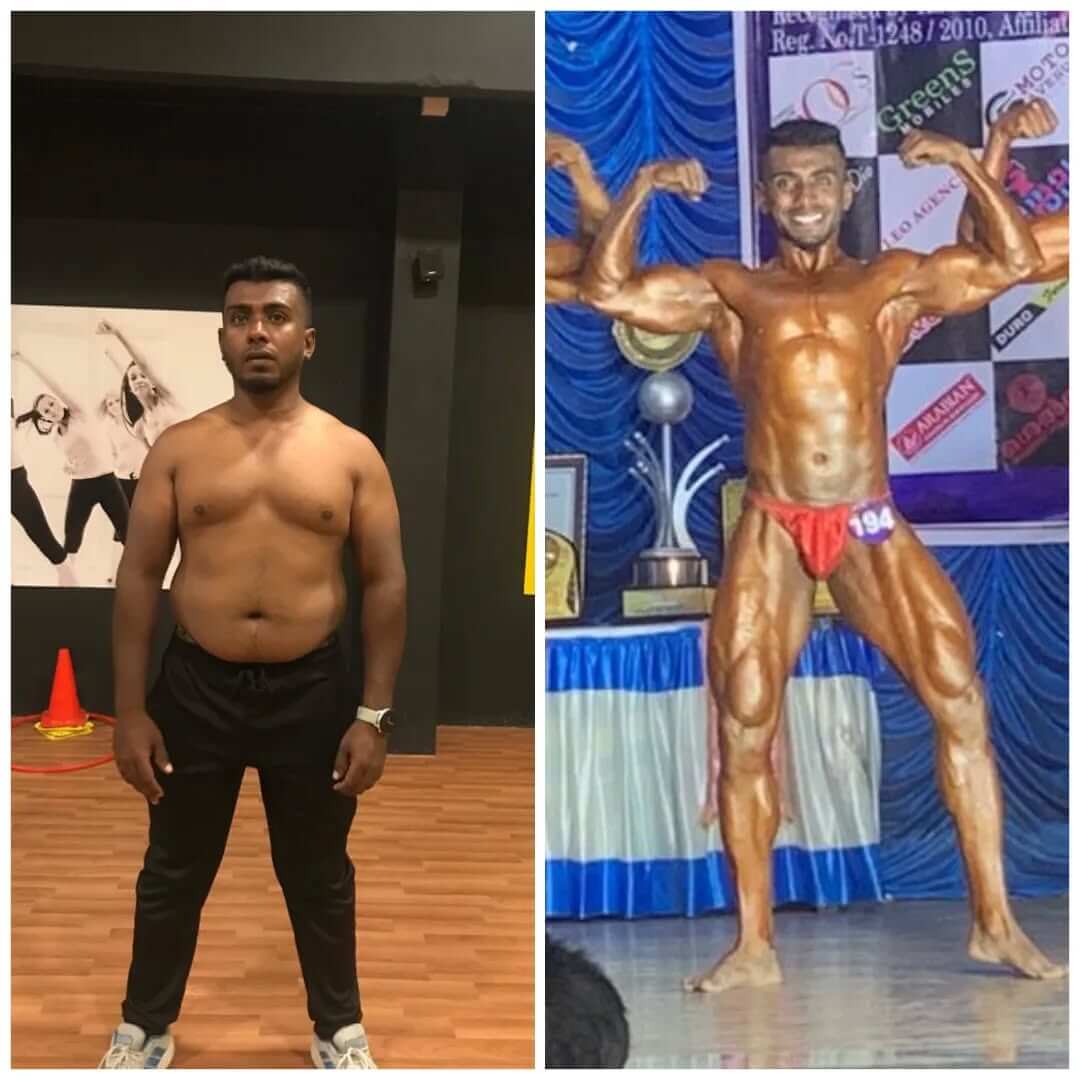 Before and after transformation of a person in the gym, showcasing muscle gain and fitness progress with stronger arms, abs, and legs