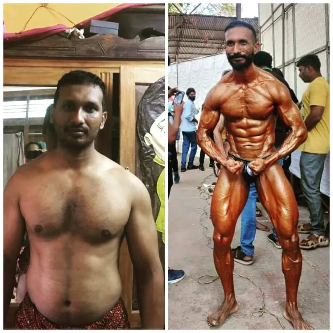 Before and after transformation of a person in the gym, showcasing muscle gain and fitness progress with stronger arms, abs, and legs