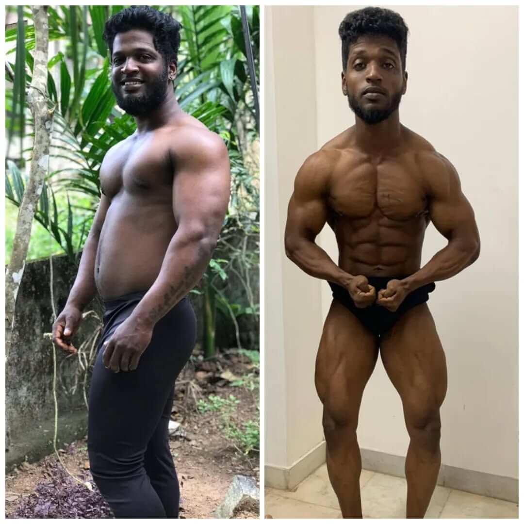 Before and after transformation of a person in the gym, showcasing muscle gain and fitness progress with stronger arms, abs, and legs