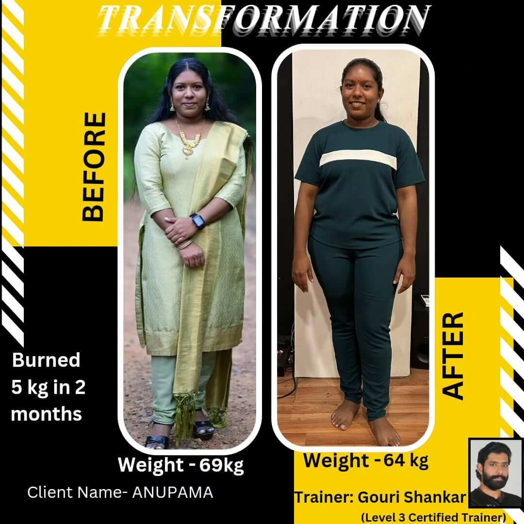 Before and after transformation of a person in the gym, showcasing muscle gain and fitness progress with stronger arms, abs, and legs