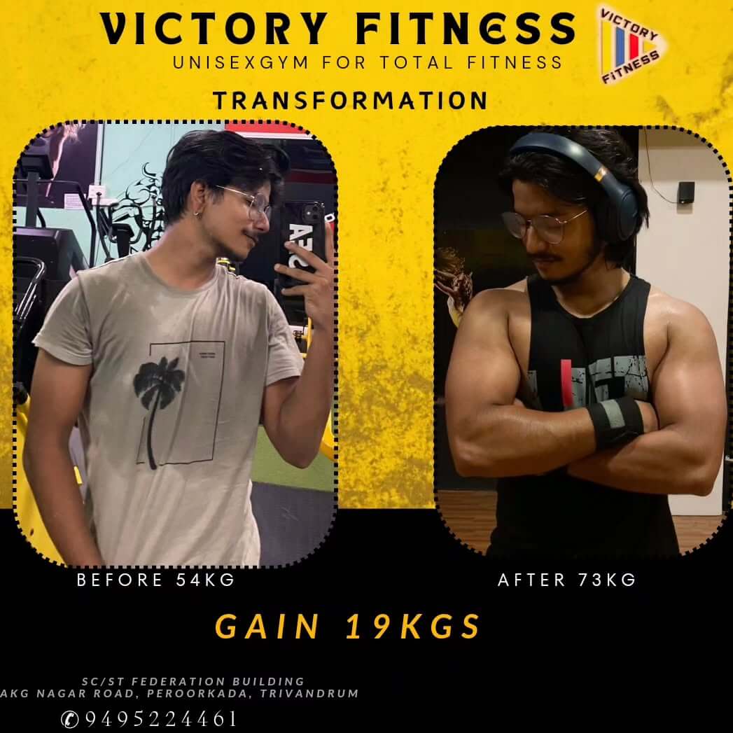 Before and after transformation of a person in the gym, showcasing muscle gain and fitness progress with stronger arms, abs, and legs