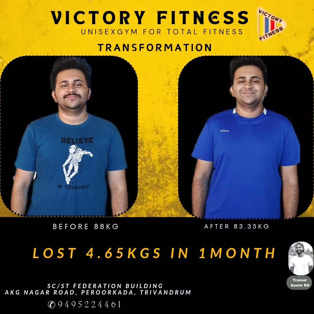 Before and after transformation of a person in the gym, showcasing muscle gain and fitness progress with stronger arms, abs, and legs