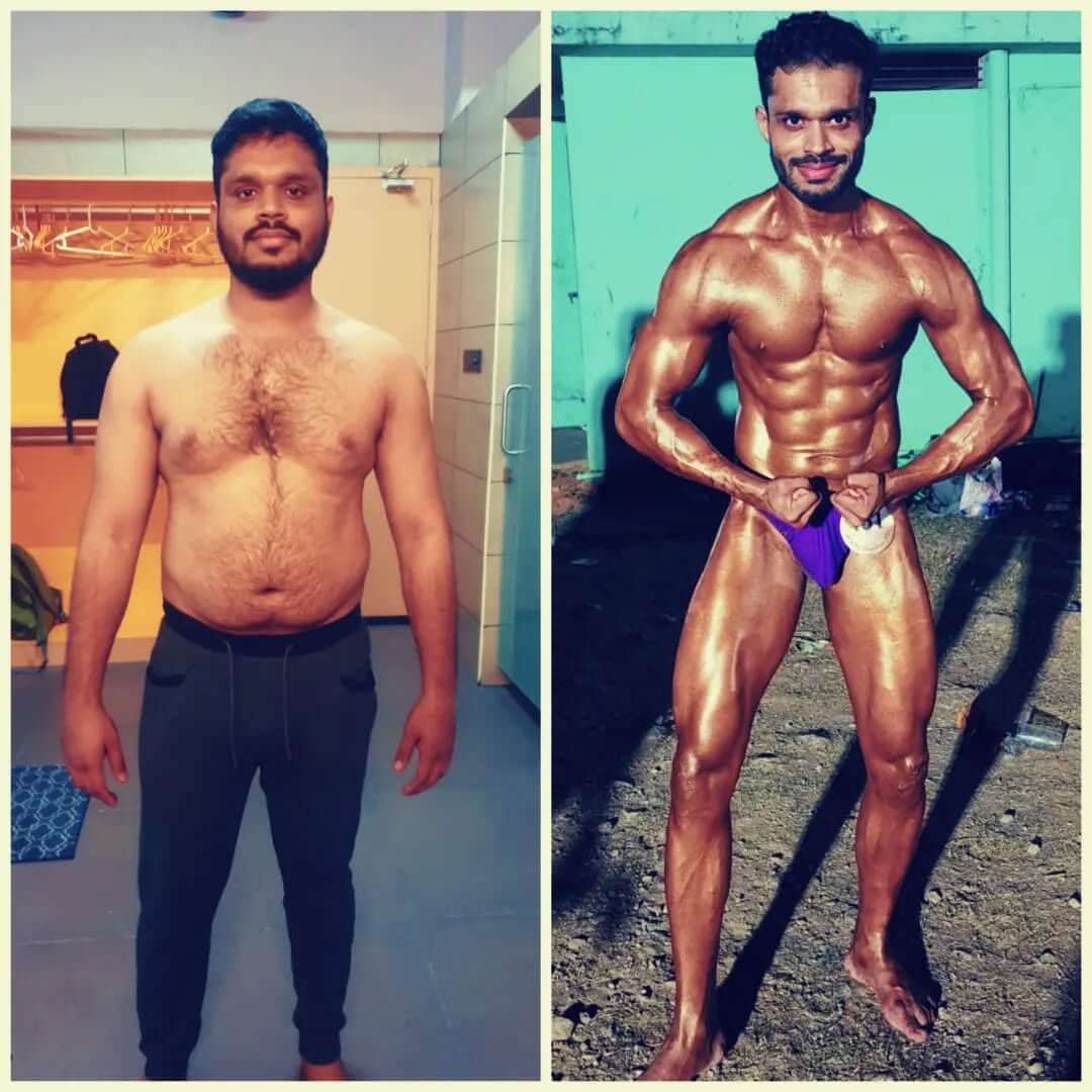 Before and after transformation of a person in the gym, showcasing muscle gain and fitness progress with stronger arms, abs, and legs